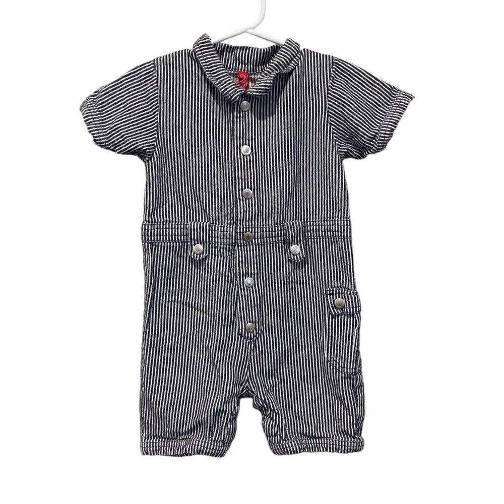 Hanna Andersson Toddler Baby Boy One-Piece BLUE Railroad Stripe Romper 80, 18-24